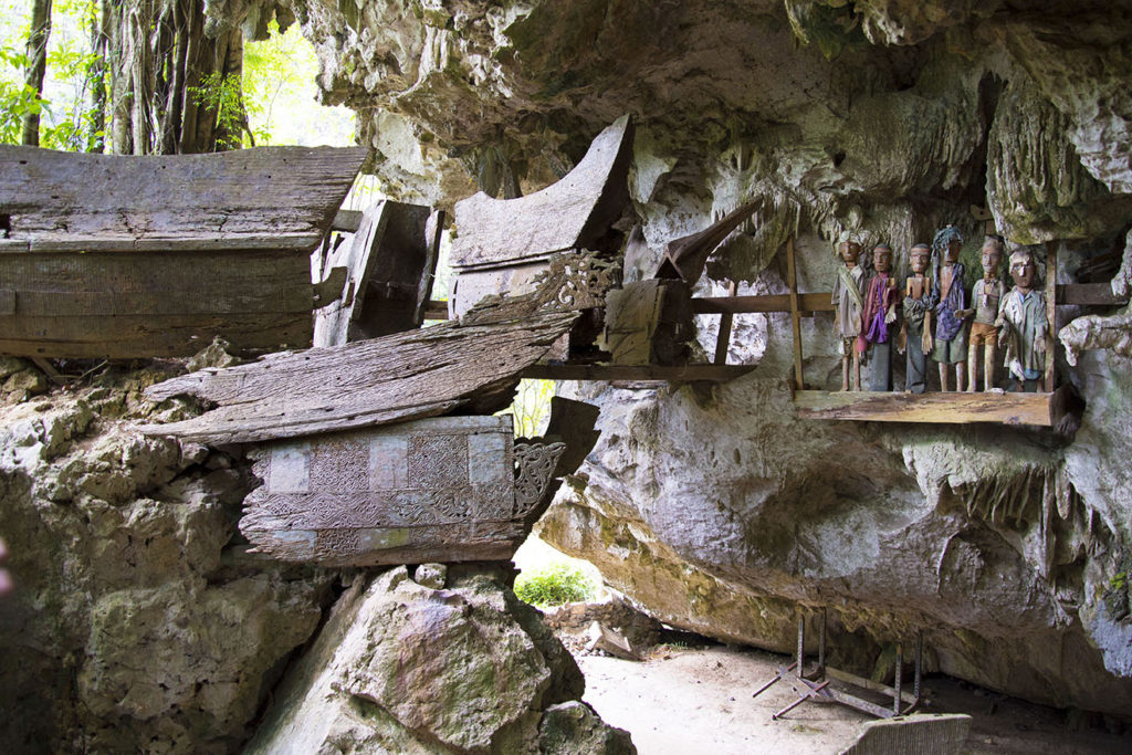 Burial cave called Londa in Tana Toraja, Indonesia, with tau-tau statues and skulls