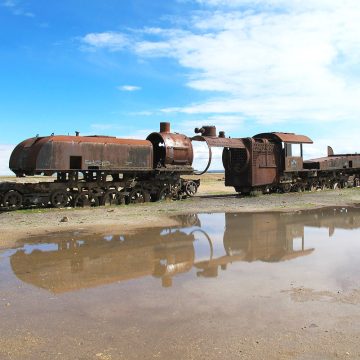 Rusting locomotives in the Cementerio de Trenes (Train Cemetery) in Uyuni, Bolivia