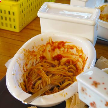 A miniature toilet is used as a bowl for serving spaghetti bolognaise at the Poop Cafe (Ddong Cafe) in Seoul, South Korea.