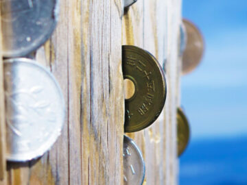 Coins inserted into cracks in a wooden torii gate at the summit of Mount Fuji, Japan.