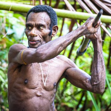 A Korowai man chops sago, deep in the heart of the jungles of West Papua